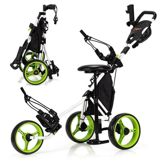 Goplus 3 Wheel Golf Push Cart - Lightweight Foldable Caddy Cart with Adjustable Seat