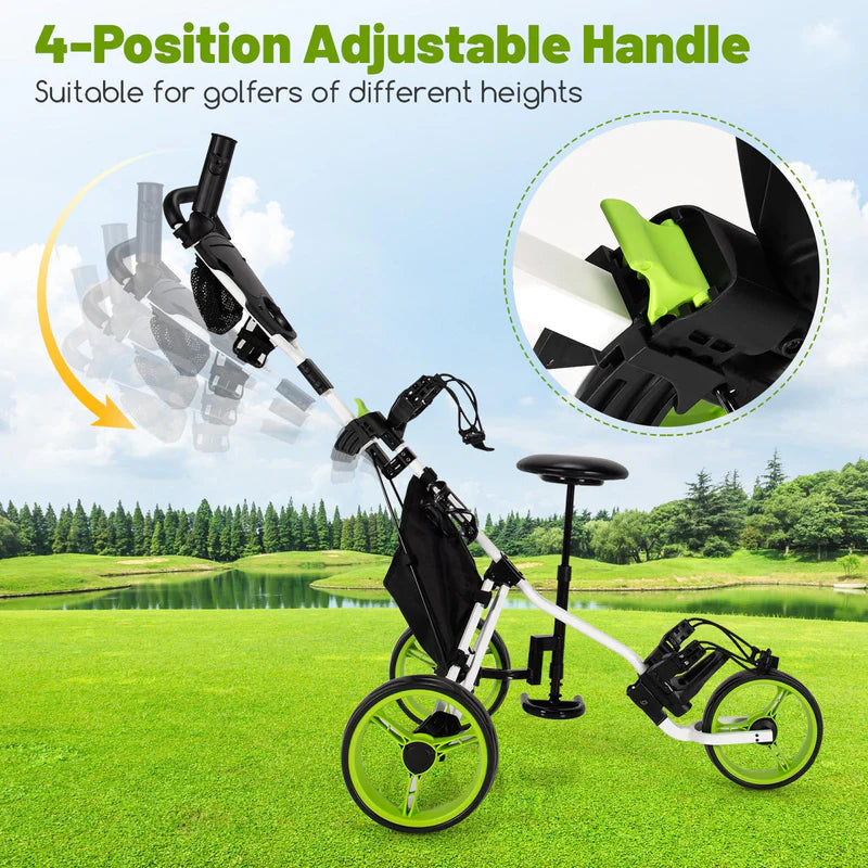 Goplus 3 Wheel Golf Push Cart - Lightweight Foldable Caddy Cart with Adjustable Seat