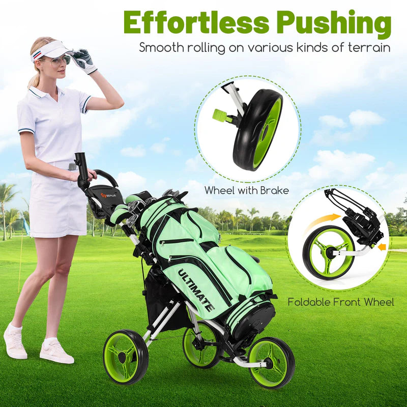 Goplus 3 Wheel Golf Push Cart - Lightweight Foldable Caddy Cart with Adjustable Seat