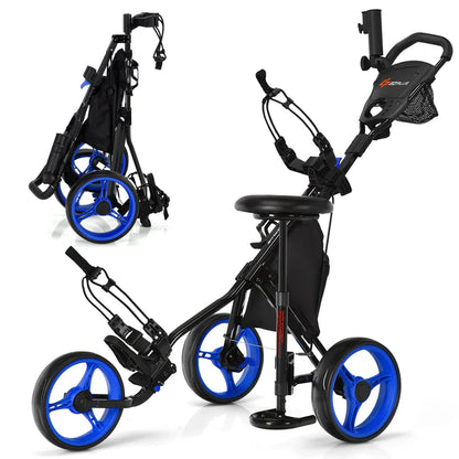 Goplus 3 Wheel Golf Push Cart - Lightweight Foldable Caddy Cart with Adjustable Seat