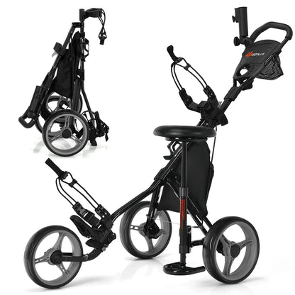 Goplus 3 Wheel Golf Push Cart - Lightweight Foldable Caddy Cart with Adjustable Seat