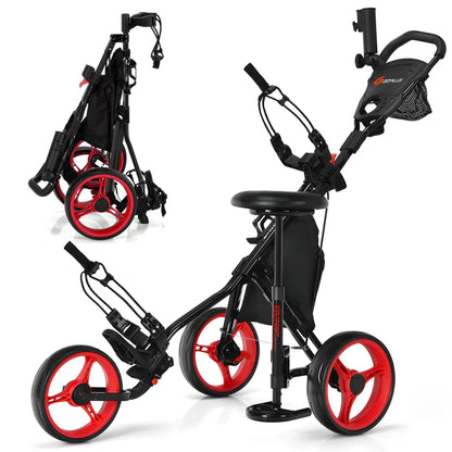 Goplus 3 Wheel Golf Push Cart - Lightweight Foldable Caddy Cart with Adjustable Seat